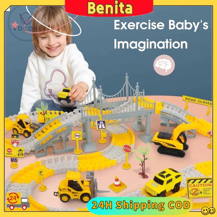 Mainan Kereta Listrik Rel Anak Anak DIY Kendaraan Rekayasa Rel Truk Kota