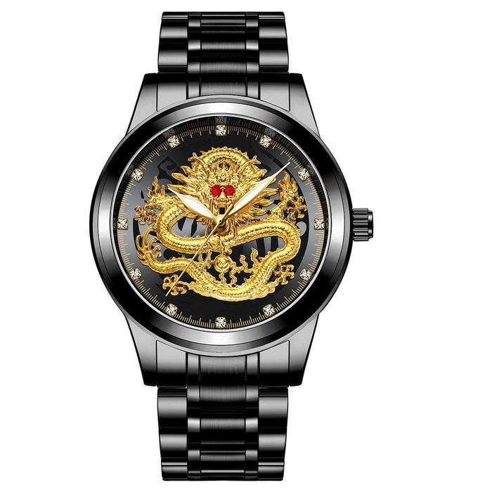 [BAYAR DIRUMAH] Jam Tangan Pria Import Full Diamond Desain Naga Motif Timbul 3D Rantai Stainless Ste