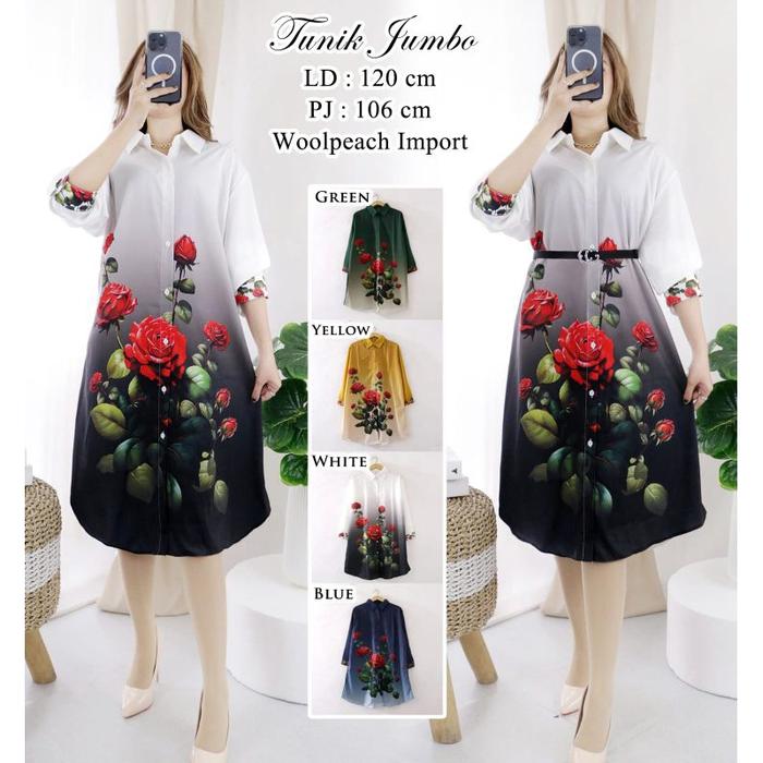 Kemeja Tunik Jumbo Bunga Print Woolpeach Import