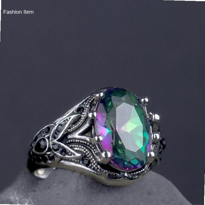 Cincin Pria Kristal Buatan Berwarna Oval Berwarna Oval yang Dipersonalisasi, Batu Berwarna Bentuk Te