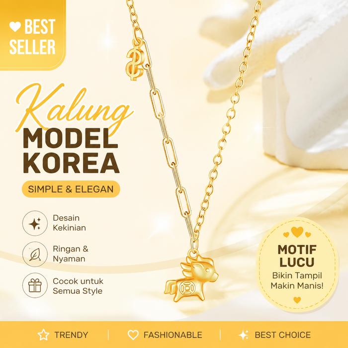 Kalung selangka kuda poni warna emas ala Korea, dilengkapi liontin pegasus pembawa keberuntungan dan