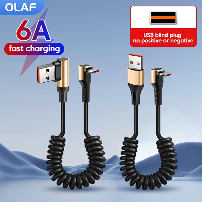 1M Car Spring Cable USB Type C 6A Fast Charging Wire Retractable Data Cable For iPhone 16 15 Huawei