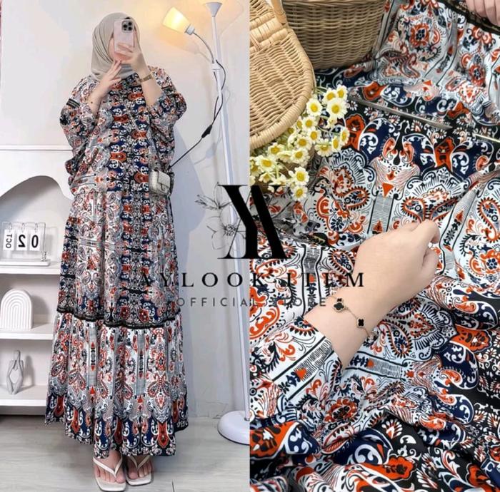 Ghina Set Setelan Rok dan Atasan Rayon Motif Terbaru Model Batwing Jumbo Fashion Muslim Wanita