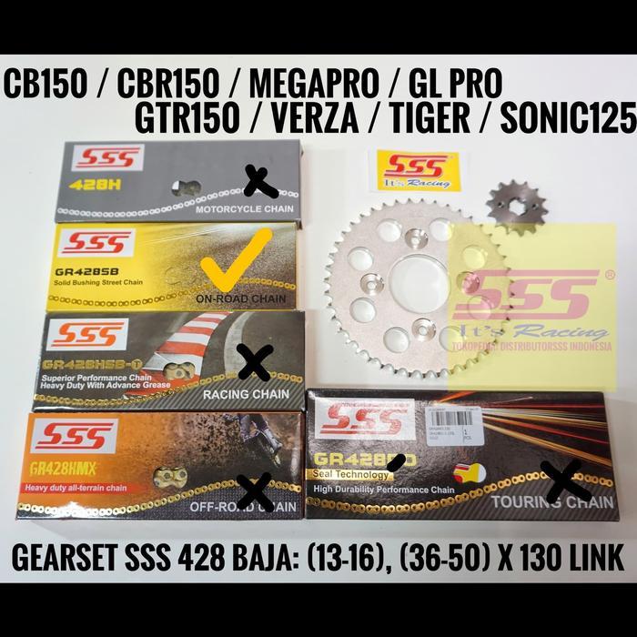 Gearset Girset Gir Set Sss 428 Cb150 Cb150R Cbr150 Cbr150R Sonic Gtr Tiger Verza Rantai Sss Gold Sb