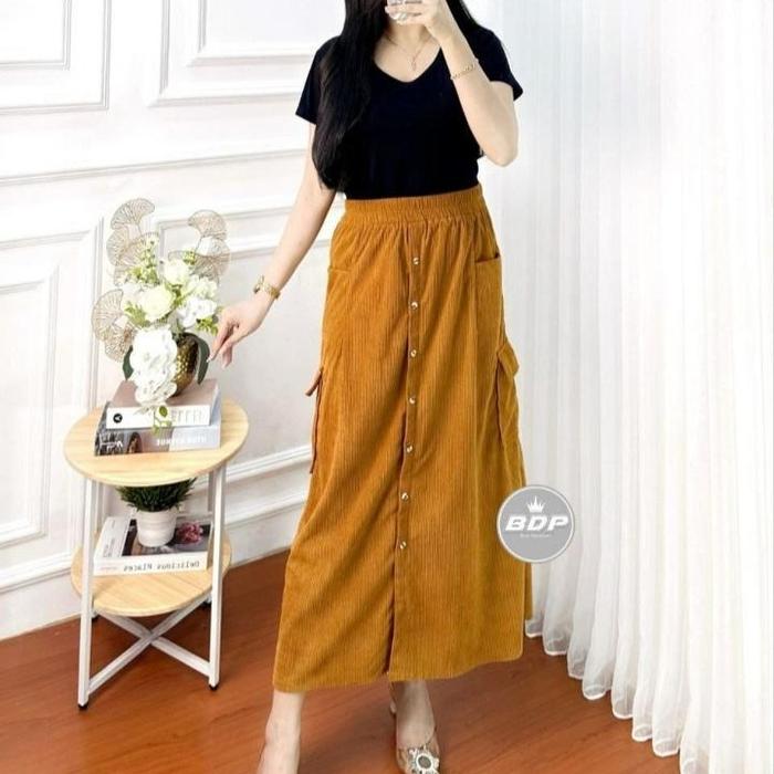 Rok Panjang Highwaist Queen Cargo Kain Conduroy Premium Style korean - Rok Formal Cargo Saku Tempel 
