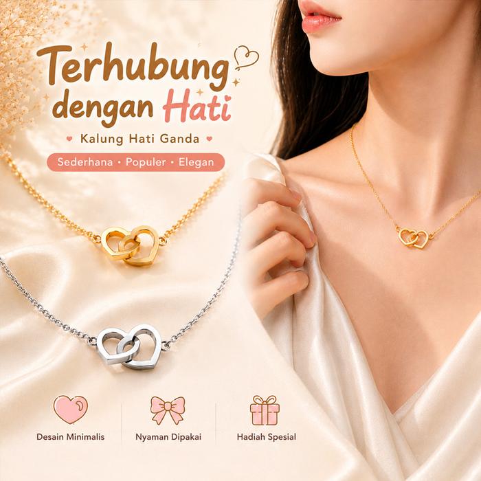 Kalung Tulang Selangka Wanita dengan Liontin Hati Ganda Berlubang, Desain Hati Saling Terkait