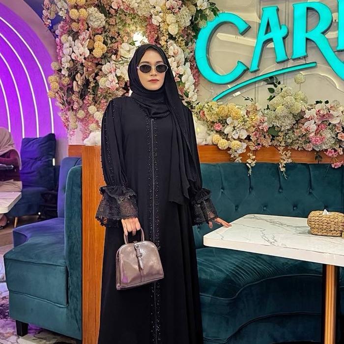 Abaya Hitam Ziper Mutiara Komb Brokat Amna Mutiara Hitam Dark Choco - Fashion Amna kids