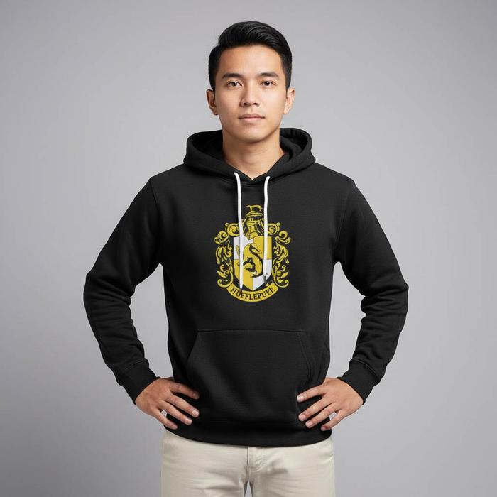 Hoodie Harry Potter Hufflepuff Premium Fleece Cloth Sweater Jacket Hood Black Hitam