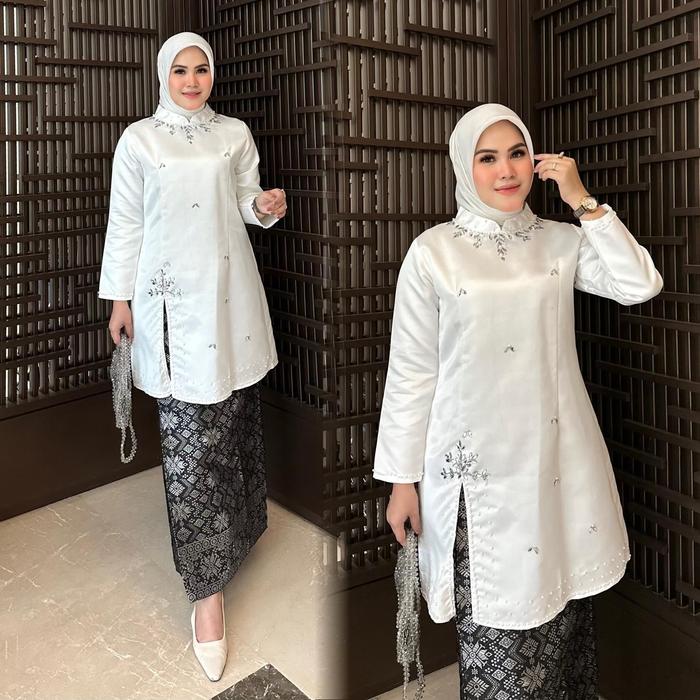 Promo (Free Hijab)..!! Kebaya Malaysia Model Terbaru Aksen Full Payet Mutiara Tunik Melayu Belah Sam