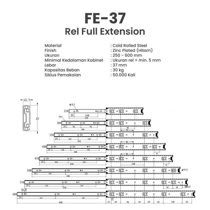 (1 Pasang) Rel Laci Huben FE 37 Double Track Full Extension FE37 Size 25 cm 30 cm 35 cm 40 cm 45 cm 