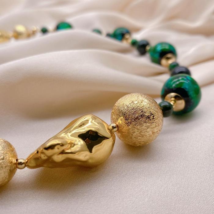 Y·YING Golden Cultured Baroque Pearl Green T er Eye Murano Glass Asymmetric Ne lace