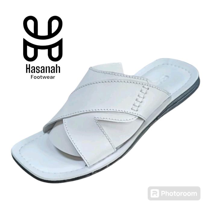 Sandal Sendal Kulit Asli Pria Warna Putih Big Size Selop Slide jepit Anti Bau nyaman di kaki Dengan 