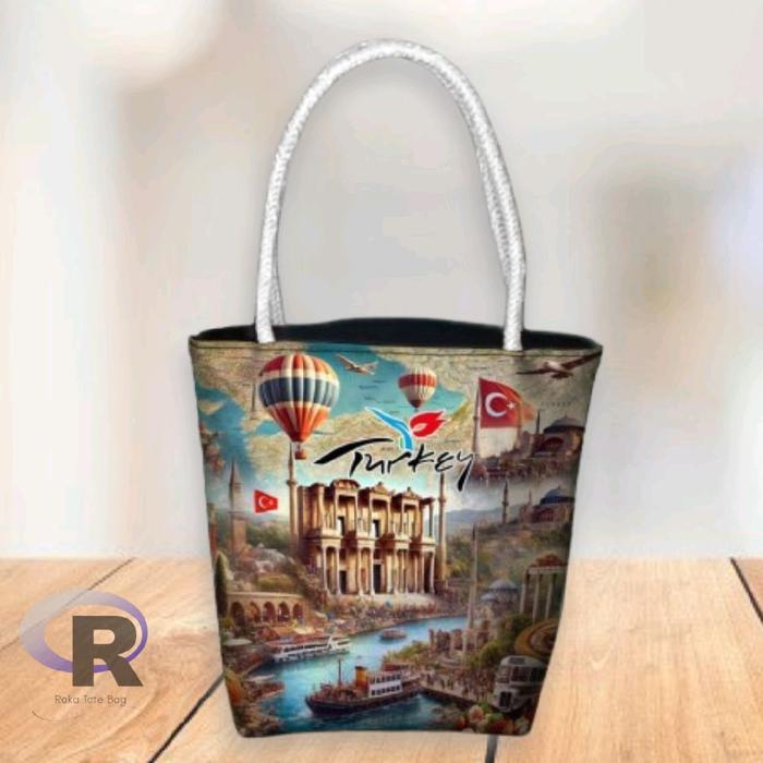 Tas Tote Mini Motif Turkey - Tali Sumbu Putih - Souvenir Grosir - Ukuran 25x25x10 cm