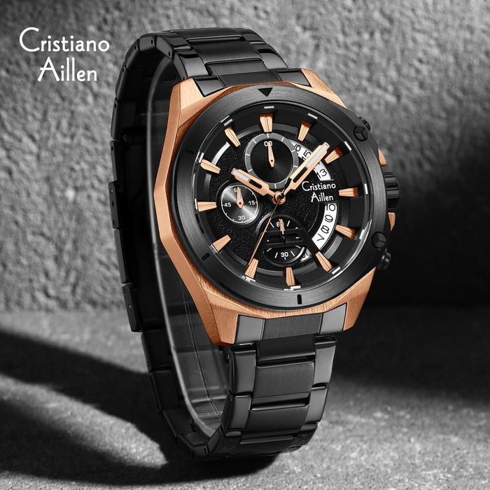 JAM TANGAN PRIA ORIGINAL CRISTIANO AILLEN 8896 CHRONOGRAPH WATER RESISTANT RANTAI STAINLESS GARANSI 