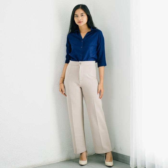 I Look Daily Catherine Scuba Pants Cullote Celana Kerja Slim Nyaman Hitam Panjang Kancing Beige Sant