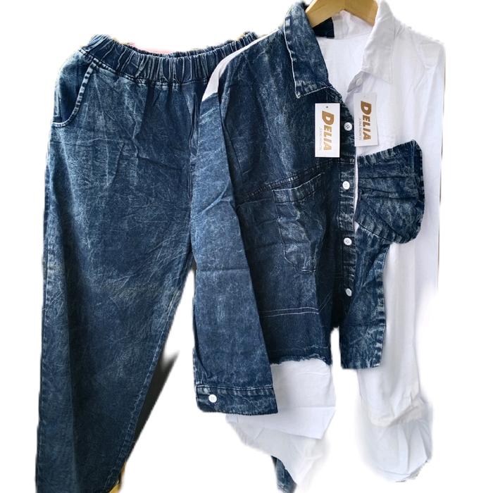 Setelan wanita dewasa two tone katun mix jeans premium Celana Panjang Baju Atasan Linen Kulot Blazer