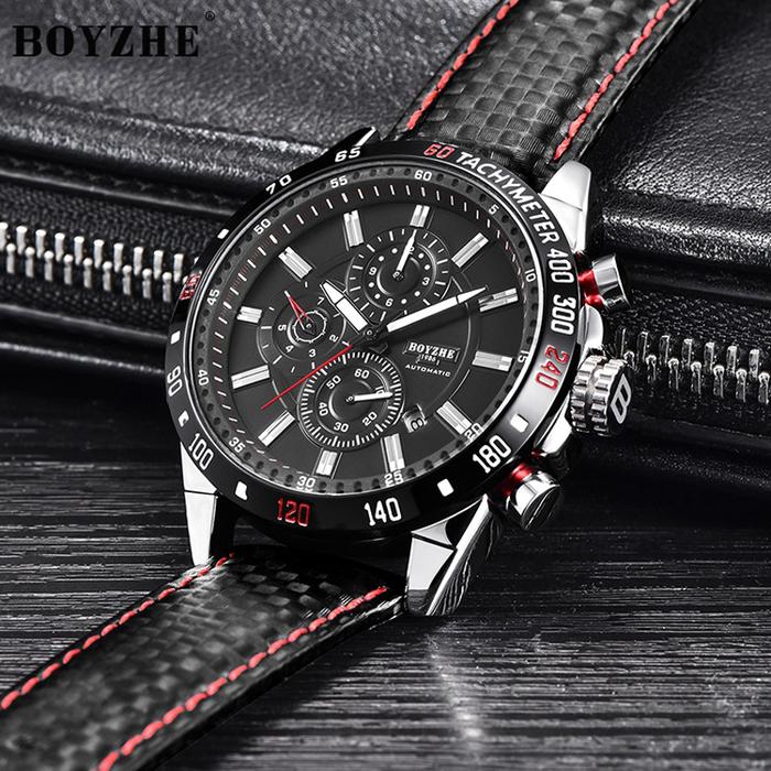 BOYZHE Original Men's Watch Business Sports Leather Strap Mechanical Watch Waterproof Luminous Week