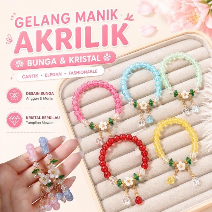Gelang Bunga Camelia Dari Kaca Warna-warni & Kristal Mawar Motif Bunga Matahari, Aksesori Cantik
