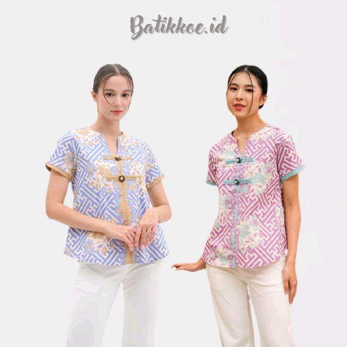 Atasan Batik 208 WIK BLUE & WIK PINK -Batik Wanita Lengan Pendek / Blouse Batik Modern / Baju Kantor