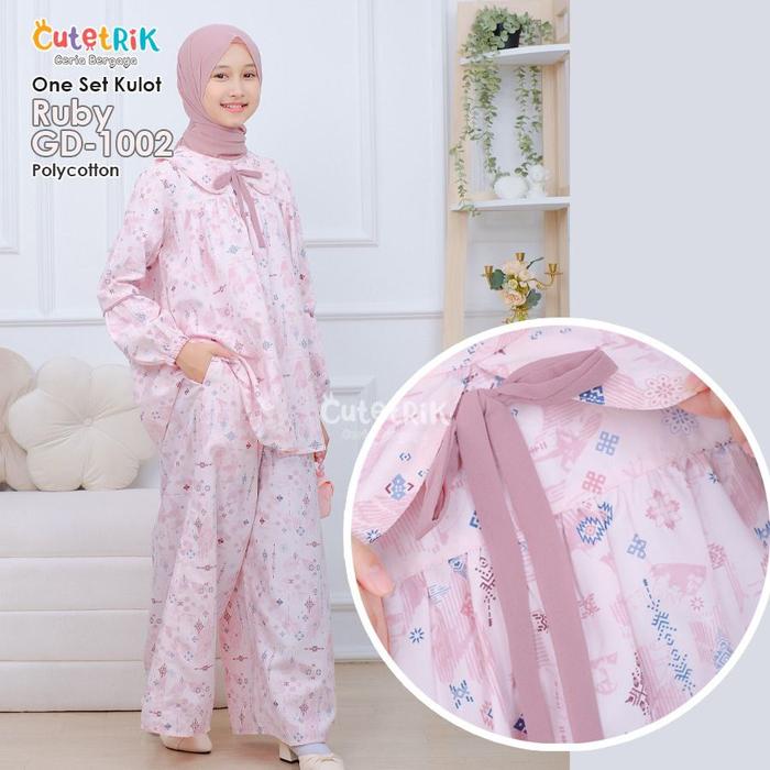 Setaln Kulot Ruby GD 1002 Cutetrik Setelan Kulot Anak Usia 8th sampai Remaja Motif Bunga Soft Pink