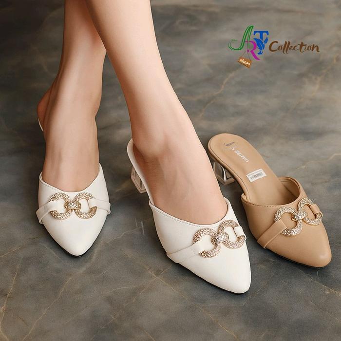 ART REGGINA - Sandal Slop Wanita Hak Kaca Bustong Heels 5 cm Sendal Hak Tahu Shoes