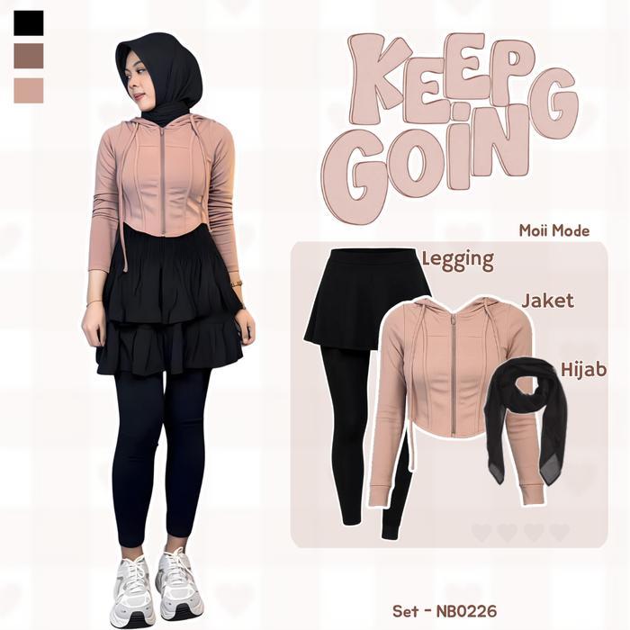 3 In 1 One Set Ootd Wanita Kekinian Setelan Moii Mode Jaket Olahraga Zipper Premium Korean (Hijab+Ja