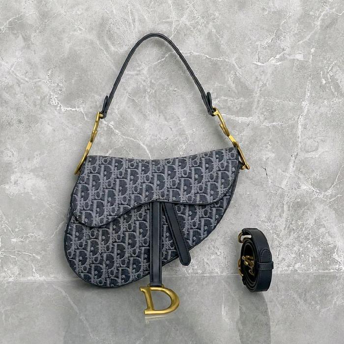 Dior Oblique Denim Saddle Bag With Strap Grey