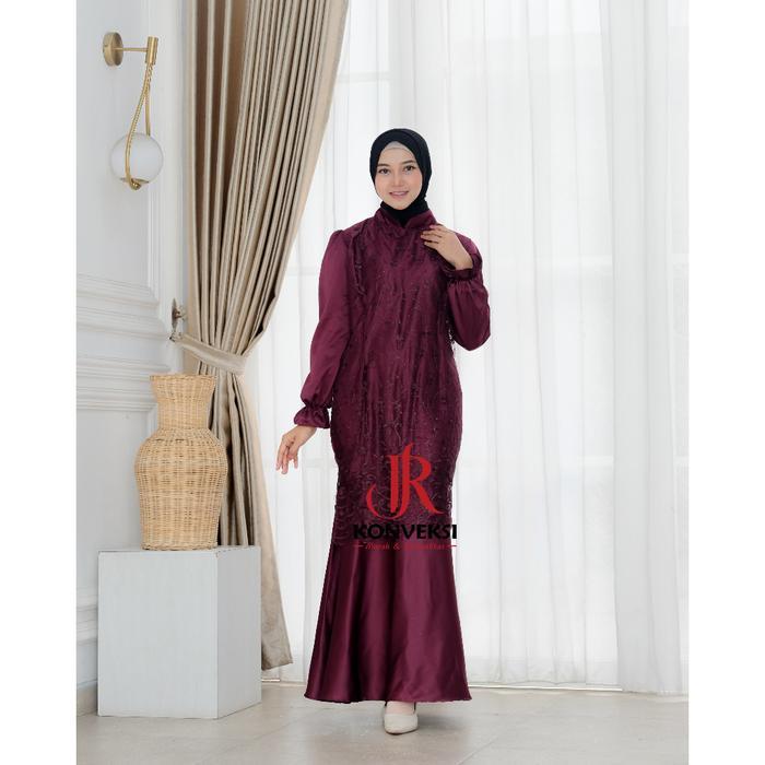 Tunisia Dress Kondangan Satin Mix Brokat Mewah - Gaun Pesta Bridesmaid Duyung -  Gamis Muslim Lebara