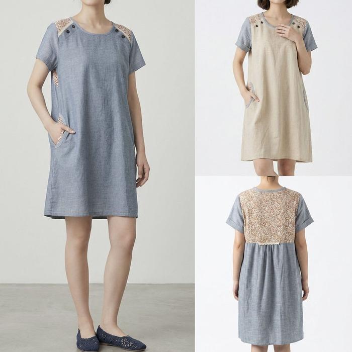 DRESS KATUN MIDI BIRU MUDA KREM KHAKI PANEL BUNGA GARIS KOREA IMPORT