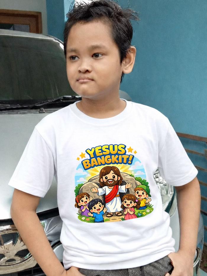 Kaos Paskah Anak "Yesus Bangkit" Warna Putih