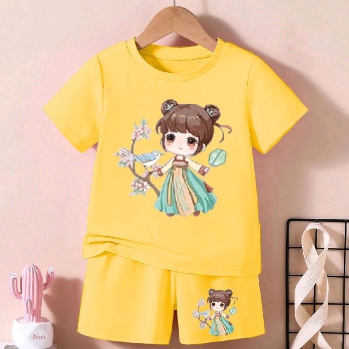 Halokaos.id |  Stelan Anak Putri Burung Usia 2-12Th Baju & Celana Design Logo Kekinian Bahan Katun