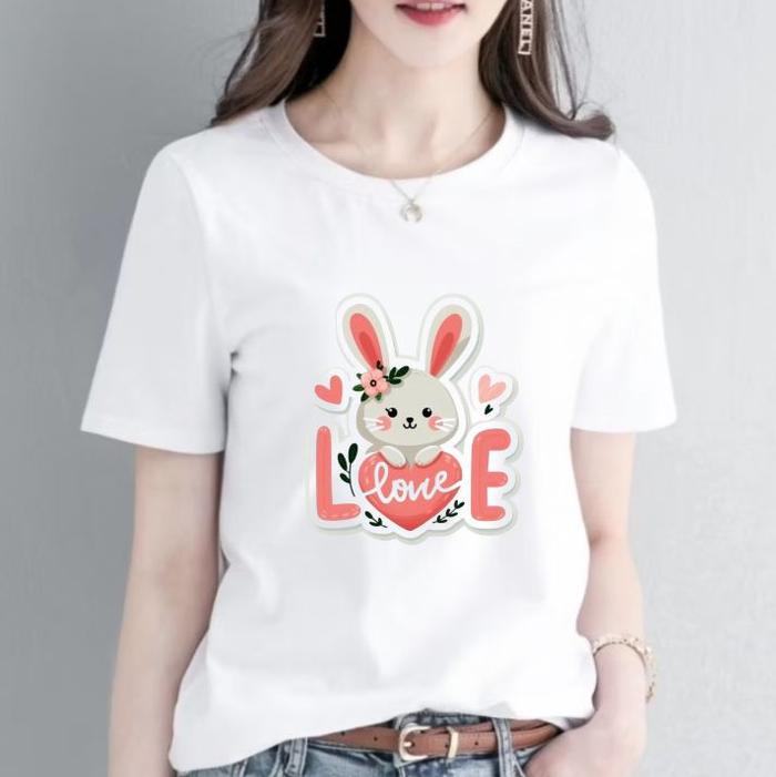 KAOS WANITA BELI 2 GRATIS HEADSET TERBARU MOTIF KELINCI LOVE PINK/KAOS ONECK TERBARU/KAOS TRENDY/POL
