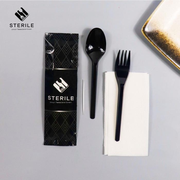 set sendok plastik, garpu plastik, tissue, tusuk gigi HITAM STERILE PREMIUM sendok garpu set hitam