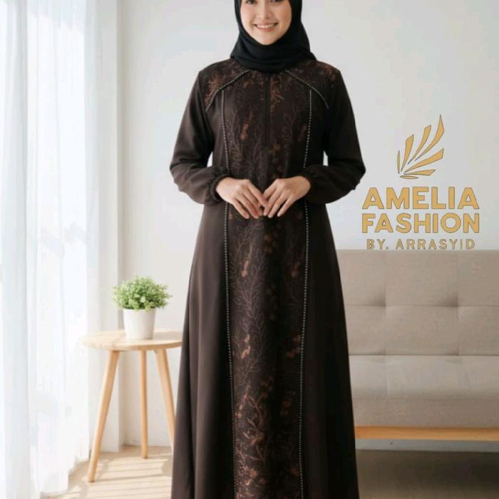 AMELIA FASHION By ARRASYID Gamis Elegan dengan Motif Batik Hitam dan Coklat Ukuran Besar