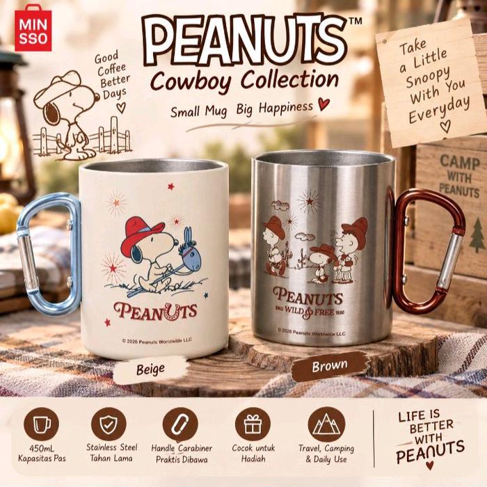 MINISO Snoopy Cowboy Collection Camping Mug 450ml Peanuts Stainless Steel Cup Carabiner Handle Beige