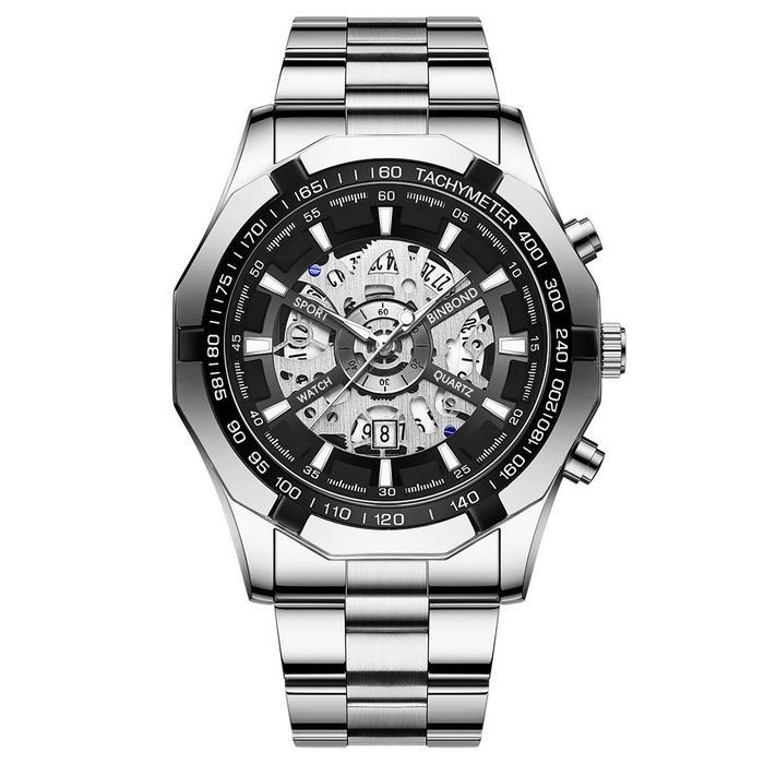Jam Tangan Analog BINBOND Quartz Waterproof Hitam Perak