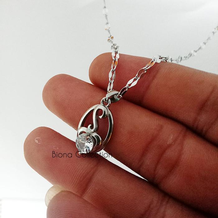 TOP !! Kalung Titanium Silver Pecah kopi plus Liontin Silver oval, Anti karat, tidak luntur, model t