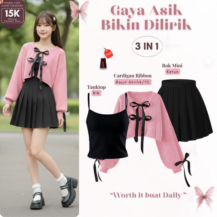 One Set Rok Wanita (Cardigan Ribbon + Rok Mini + Tangtop) OOTD Korean Style | SQ05