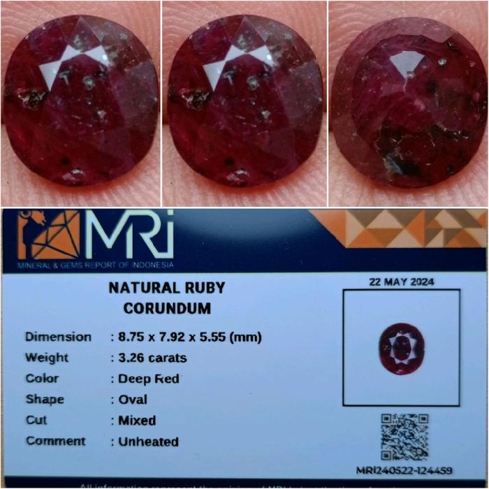 Natural Ruby Corundum 3.26 Carats UNHEATED / NTE Deep Red Memo MRI