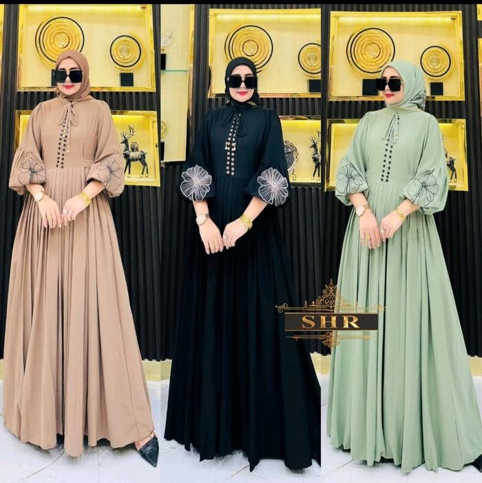 SHR LENGAN BALOn cruty import plisket kombinasi resleting depan tali belakang Gamis Muslim Dress Wan