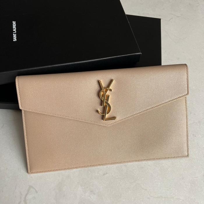 YSL UPTOWN SMALL ENVELOPE CLUTCH DARK BEIGE GHW