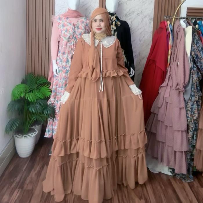 Gamis tutu tile Mocha plus card rajut import