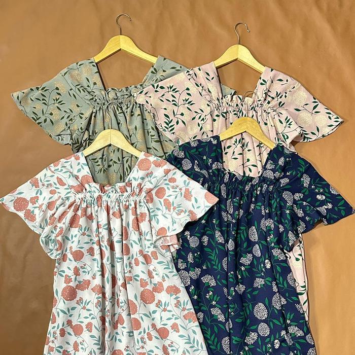 Homedress Pom-Pom Daster Fuji Pendek Selutut Bahan Crinkle Kekinian Wanita Busui