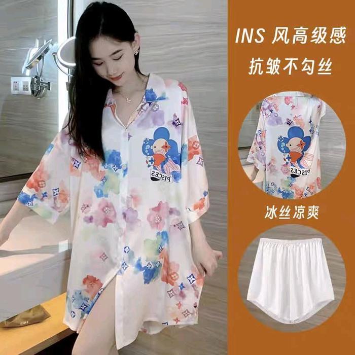 DRESS SATIN IMPORT HALUS / DASTER BAJU TIDUR SANTAI IMPORT WANITA LENGAN PENDEK BAHAN SATIN Piyama L