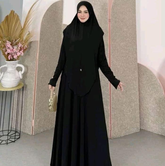 Dress set hijab bahan  original jersi Korea LD 110/PB 142. Dilengkapi resleting busui pakai kancing 