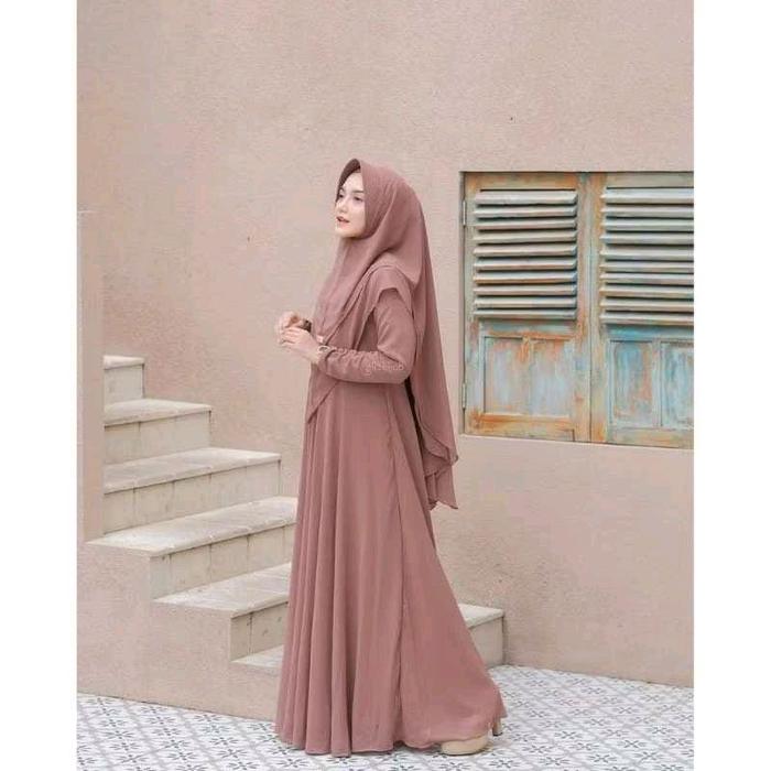 Mayra -  FREE HIJAB Gamis syari 2 layer S M L XL 2XL 3XL jumbo muslim wanita warna coklat cokelat br