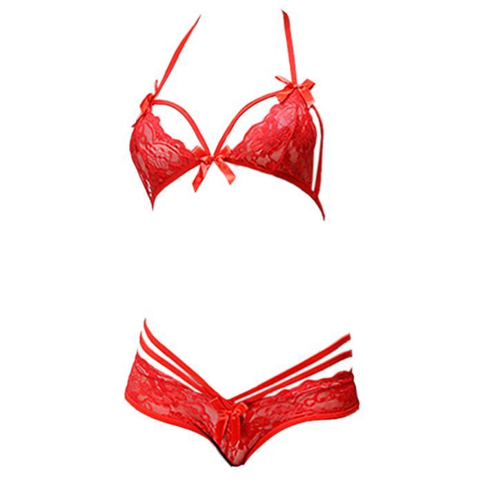 B147 Bra Set Bralette Sexy Lingerie Wanita Seksi BH Halter Ikat Belakang CD Panties Merah Lace Motif