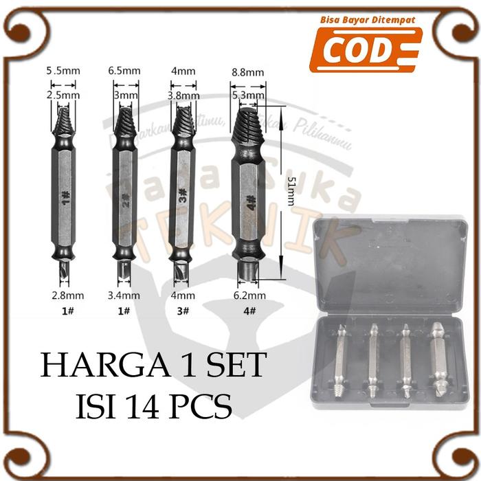 Mata Bor Alat Pembuka Pelepas Baut Mur Sekrup Kecil/Mini Rusak Patah Buka Ledes Aus 1 Set 4 Pcs