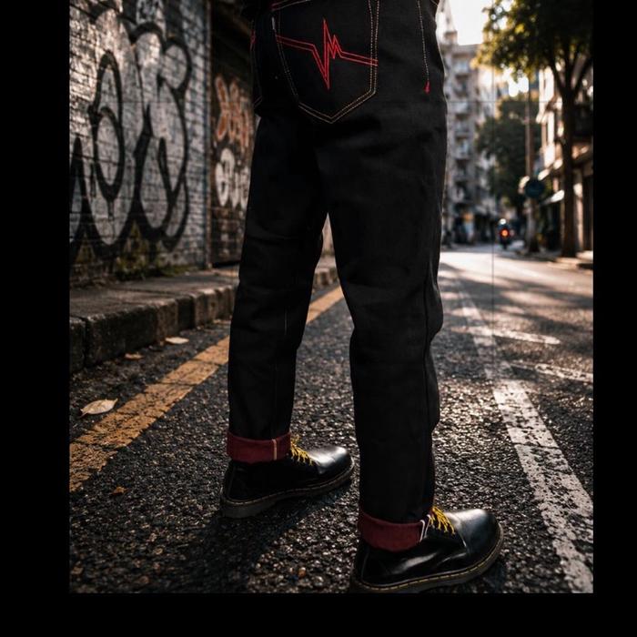 Celana Denim Selvedge 15o.z Best Seller Celana Panjang Denim Selvedge dengan Detail Bordir Merah