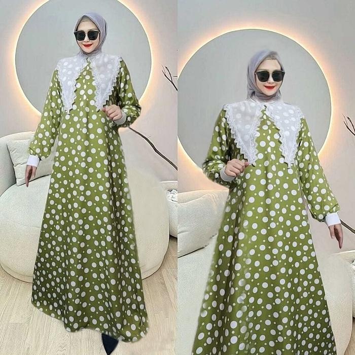 Gamis Terbaru Gaya retro Kekinian Polkadot UP To LD 140 Baju Muslim Dewasa Dress Kondangan Kain Prin